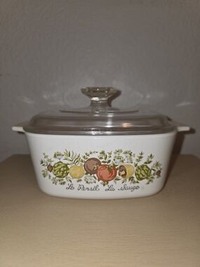 Rare Corningware White Ceramic Herb & Vegetable Covered Casserole Dish